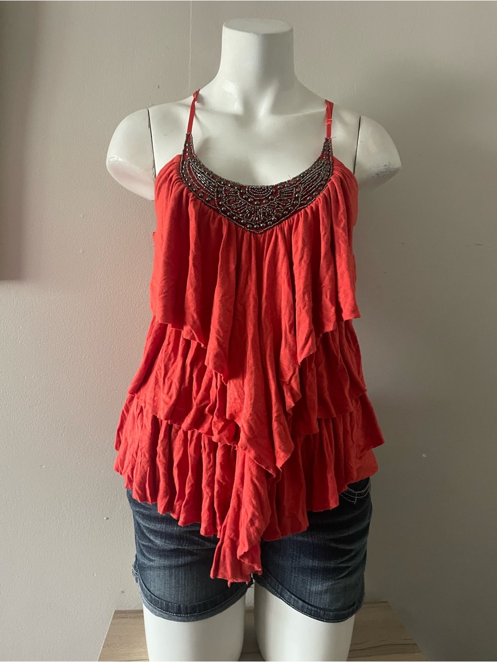Beaded Neckline Tiered Ruffle Red Women's Tank Top